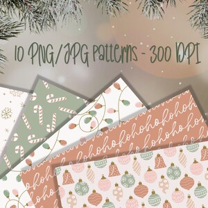 Puede incluir: Una colecci&oacute;n de diez patrones digitales con tem&aacute;tica navide&ntilde;a. Los patrones presentan dise&ntilde;os de copos de nieve, bastones de caramelo, luces navide&ntilde;as y adornos en tonos blancos, verdes y melocot&oacute;n. El texto "10 PNG/JPG patterns - 300 DPI" es visible.