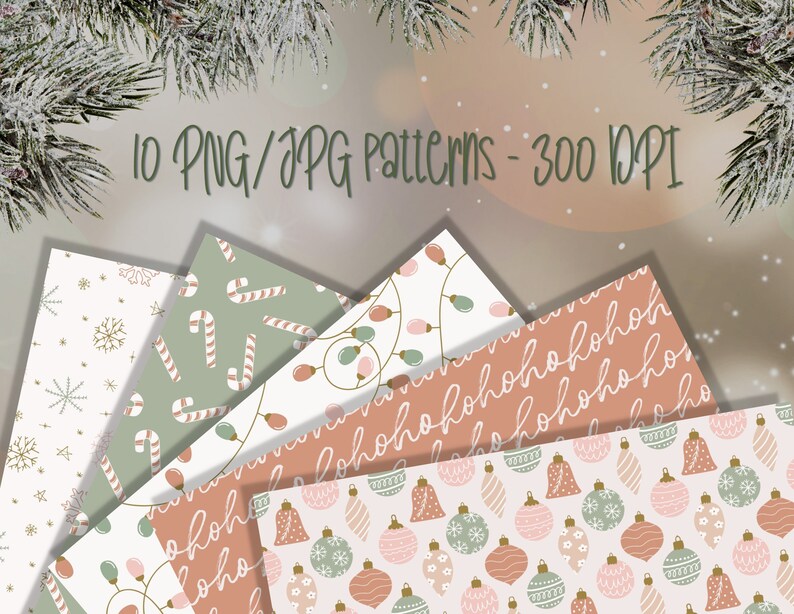 Puede incluir: Una colecci&oacute;n de diez patrones digitales con tem&aacute;tica navide&ntilde;a. Los patrones presentan dise&ntilde;os de copos de nieve, bastones de caramelo, luces navide&ntilde;as y adornos en tonos blancos, verdes y melocot&oacute;n. El texto "10 PNG/JPG patterns - 300 DPI" es visible.