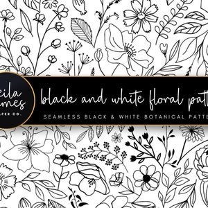 May include: Black and white floral pattern, seamless repeat design.  Botanical illustration with flowers, leaves, and stems.