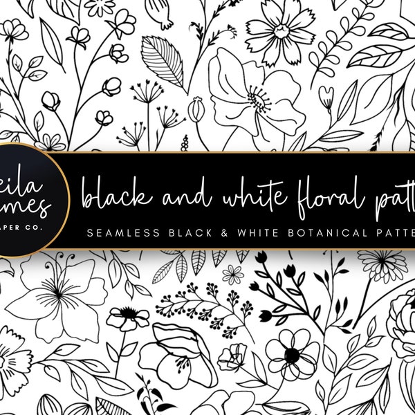 Black and White Seamless Floral Pattern 2, SVG Floral Pattern, Seamless Floral Digital Paper, Floral Background, Seamless PNG File Botanical