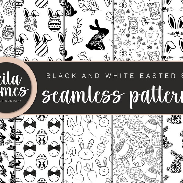 Black and White Digital Paper, Easter SVG, Easter Seamless Pattern, Black and White Patterns, Easter Egg SVG,  Easter Bunny Patterns, SVG