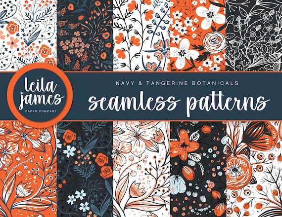 10 Seamless Digital Papers, Botanical Patterns, Navy and Red Orange, Commercial Digital Paper, Floral Paper, Digital Scrapbook