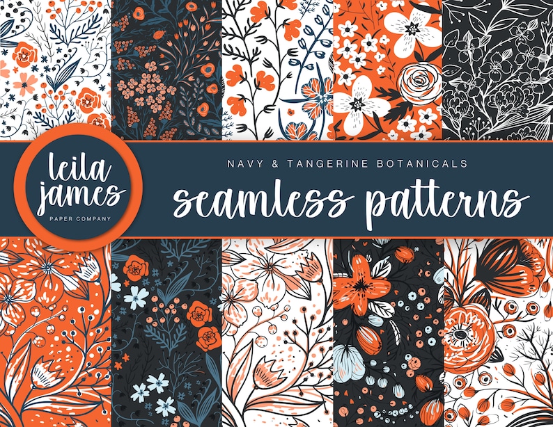 May include: A set of 10 seamless patterns featuring floral designs in navy blue, white, and orange. The patterns are ideal for creating digital or printed projects.