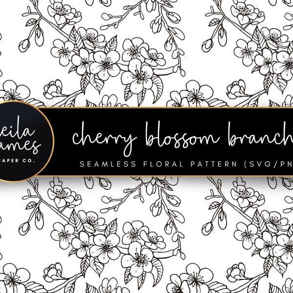 Cherry Blossom Branches, Seamless Pattern SVG, Black and White Seamless Flowers, Floral SVG, Sakura Patterns, Cherry Blossom Background