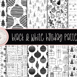 Christmas Digital Paper -Vol. 2- Holiday Digital Paper, Black White Paper, Christmas Seamless Patterns, Christmas Tree, Ornaments & Baubles