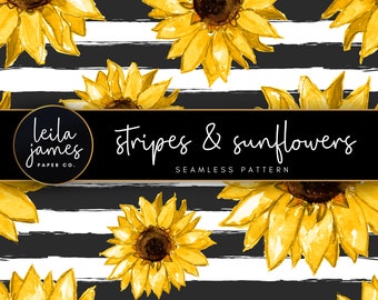 Digital Paper, Sunflowers Striped Seamless Pattern, Floral Pattern, Sublimation Design, Fabric Design, Floral Vector, Sunflower