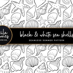May include: Black and white seamless pattern featuring various sea shells and starfish. The pattern is labeled "black & white sea shells seamless summer pattern".