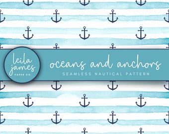 Watercolor Nautical Anchor Pattern, Striped Summer Paper (Digital Download)