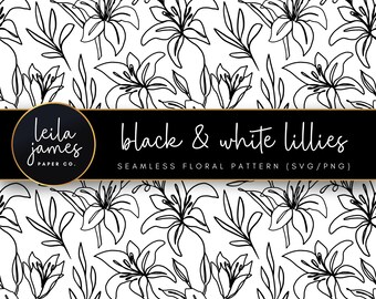 Black and White Lillies Seamless Floral Pattern (SVG/PNG)