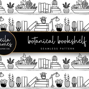 Seamless SVG Floral Pattern, Succulents Bookshelf, Engraving, Sublimation Wraps, Laser Cut, + Black and White PNG, Commercial Use Print