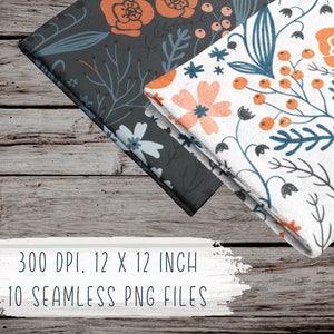 May include: Two fabric swatches with floral patterns. One swatch is black with white and orange flowers. The other swatch is white with orange and pink flowers. Both swatches are 12 inches by 12 inches and 300 DPI.