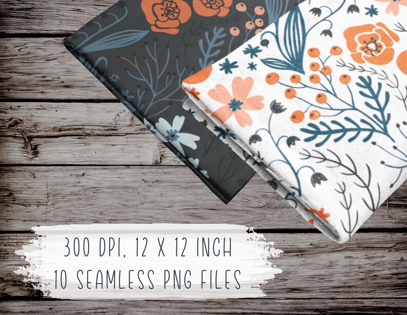 May include: Two fabric swatches with floral patterns. One swatch is black with white and orange flowers. The other swatch is white with orange and pink flowers. Both swatches are 12 inches by 12 inches and 300 DPI.