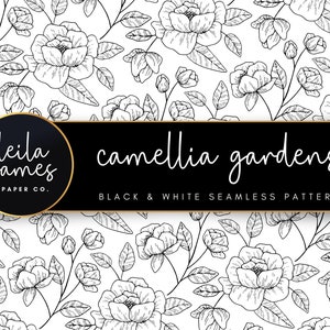 Camellia Gardens Seamless Pattern SVG, Black and White Seamless Flower Pattern, Floral Digital Paper, Floral Background, Seamless PNG File
