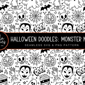 Puede incluir: Patrón sin costuras en blanco y negro con garabatos de Halloween de fantasmas, murciélagos, calabazas, calaveras, telarañas y las palabras "BOO!" y "Monster Mash".