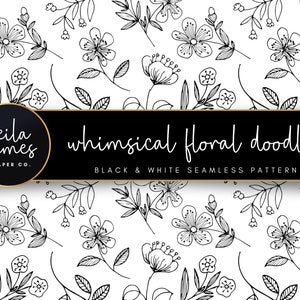 Seamless SVG Floral Pattern, Whimsical Floral Doodles for Engraving, Sublimation Wraps, Laser Cut + Black and White PNG, Commercial Use