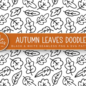 May include: A seamless pattern of black and white autumn leaves doodles. The pattern is perfect for creating fall-themed crafts, decorations, and designs.