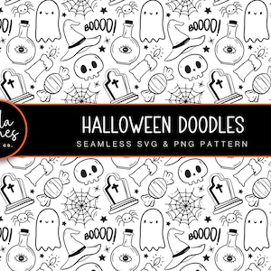 Puede incluir: Patrón sin costuras en blanco y negro con garabatos de temática de Halloween. El patrón incluye fantasmas, calaveras, lápidas, caramelos, arañas, telarañas, botellas de pociones y las palabras "Boo!" y "Boo000!"