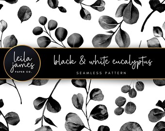 Black and White Eucalyptus Seamless Pattern, Watercolor Botanical Paper (Digital Download)