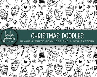 Puede incluir: Patrón sin costuras en blanco y negro con garabatos navideños, incluyendo un muñeco de nieve, un árbol de Navidad, guantes, adornos, copos de nieve y bastones de caramelo. El patrón está etiquetado como "Christmas Doodles" y "Black & White Seamless PNG & SVG Pattern".