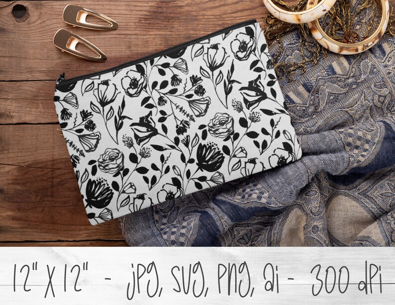 Black and White Digital Paper, Floral Paper, Seamless Pattern, Fabric