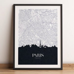 Paris Karte und Skyline Print, Paris Karte, Paris Skyline, Paris Poster, Paris Art Print, Paris Decor, Paris Frankreich, Karte von Paris