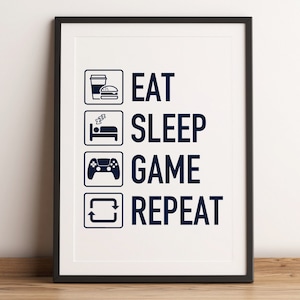 Eat Sleep Game Repeat Print, Gaming Prints, Gaming Gifts, Gaming Poster, Gaming Wall Art, Gaming Pictures, Gamer Gifts, Gamer Prints, Navy