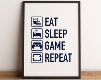 GAMIN ZONE Türschild 'Eat Sleep Game Repeat' | 20 X 30 Cm, PVC-Hartschaum | Gelb/Schwarz, Wetterfest