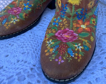 Vintage leather boots hand painted with Texas wildflowers, bluebonnets and rainbows