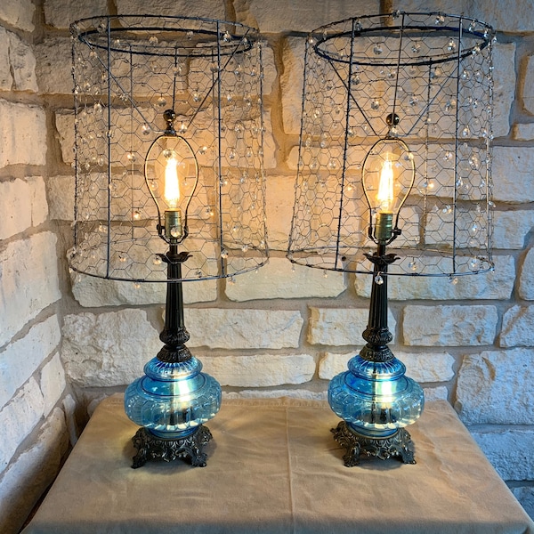 Set of 2 Vintage MCM (1974) Hollywood Regency Bronze and blue glass lamps, rewired, with custom geometric wire and salvaged crystals shade