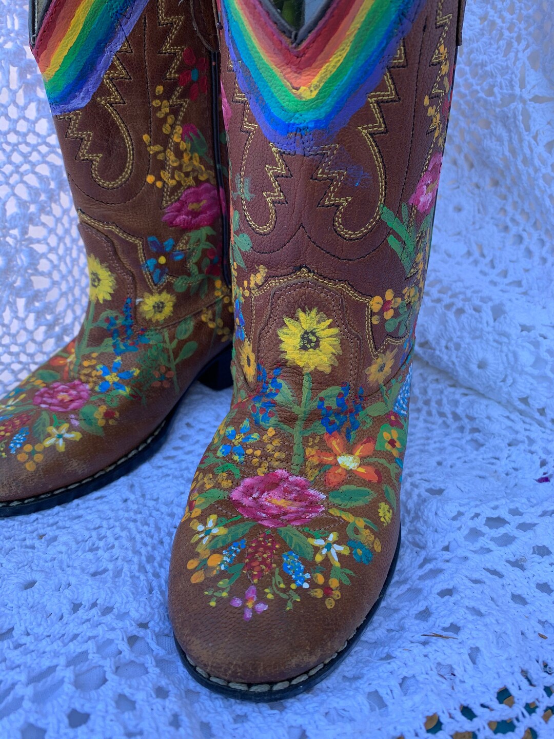 Vintage Leather Boots Hand Painted With Texas Wildflowers, and Rainbows Etsy