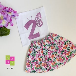 Butterfly Birthday Girl Outfit, Custom Number Shirt, Floral Skirt