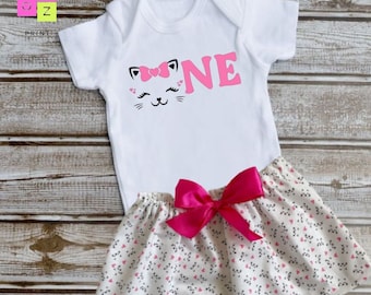 Cat Birthday Girl Outfit: Kitten Party Shirt, Skirt Set