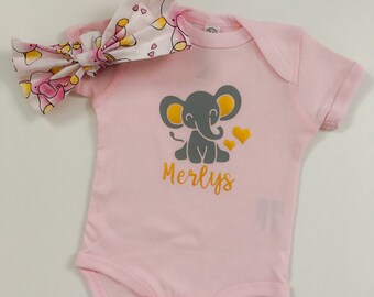 Personalized Elephant Baby Girl Outfit: 1st Birthday Onesie & Headband