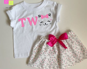 Cat Birthday Girl Outfit: Kitty Party Shirt & Skirt