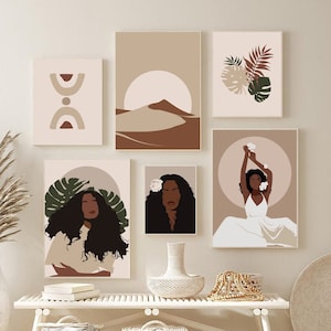 Boho gallery wall set of 6, African American wall art, Black girl art print, Black woman art set of 6 prints, Abstract Boho print set