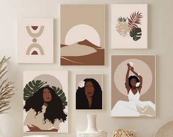 Boho gallery wall set of 6, African American wall art, Black girl art print, Black woman art set of 6 prints, Abstract Boho print set