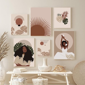 Schwarzes Mädchen Kunstdruck, Boho Galerie Wandset von 6, Afroamerikanische Wand set, Schwarze Frau Kunst Set von 6 Drucke, Boho Home Dekor Boho Druck Set