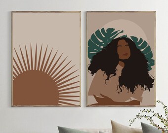 Set of 2 Prints, Black woman print, African American wall art, Digital Prints set, Boho gallery wall set, Printable art, Boho abstract sun