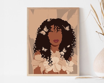 Magic boho woman print, African american wall art, Boho wall art, Black girl art print, Black woman art, Flower girl, Butterfly Woman Art