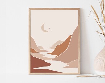 Abstract Boho Landscape Print, Boho mountain digital print, Abstract River Wall Art, Terracotta Boho wall decor, Printable Nature Wall Art