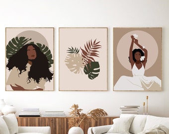 Set of 3 Prints, Boho gallery wall set, Black woman print, African American wall art Black girl art print Boho home decor Abstract botanical