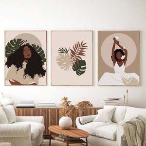 Set of 3 Prints, Boho gallery wall set, Black woman print, African American wall art Black girl art print Boho home decor Abstract botanical