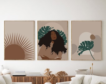 Set of 3 Prints, Black woman print, African American wall art, Digital Prints set, Boho gallery wall set, Printable art Black girl art print