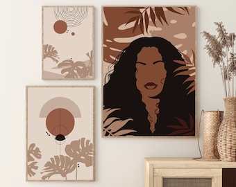 Set of 3 Prints, Black woman print, African American wall art, Digital Prints set, Boho gallery wall set, Abstract boho print, Black Art