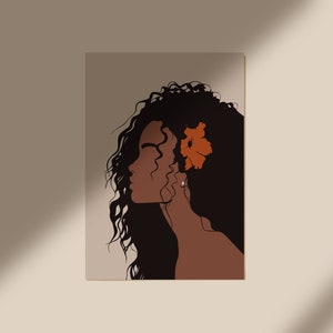 May include: A digital illustration of a woman with long, curly black hair and a single orange flower behind her ear. The woman is looking to the side and her face is partially obscured by her hair.