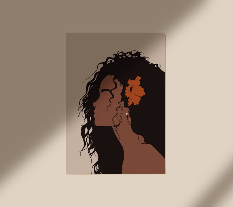 May include: A digital illustration of a woman with long, curly black hair and a single orange flower behind her ear. The woman is looking to the side and her face is partially obscured by her hair.