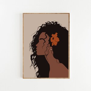 May include: A digital illustration of a woman with long, curly brown hair and a single orange flower behind her ear. The background is a light brown color.