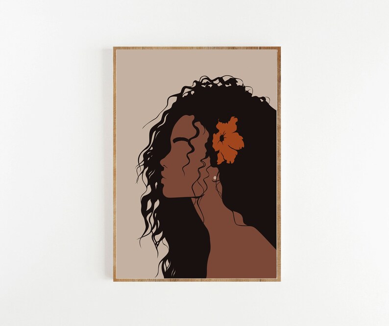 May include: A digital illustration of a woman with long, curly brown hair and a single orange flower behind her ear. The background is a light brown color.