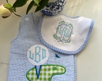Monogrammed Seersucker Shortall, Personalized Birthday Outfit, Monogrammed Birthday Outfit, Personalized Hole in One Outfit, First Birthday