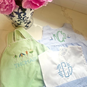 Monogrammed Seersucker Bubble, Personalized Boy Outfit, Monogrammed Bubble, Personalized Boy Shortall, Applique Seersucker Bubble